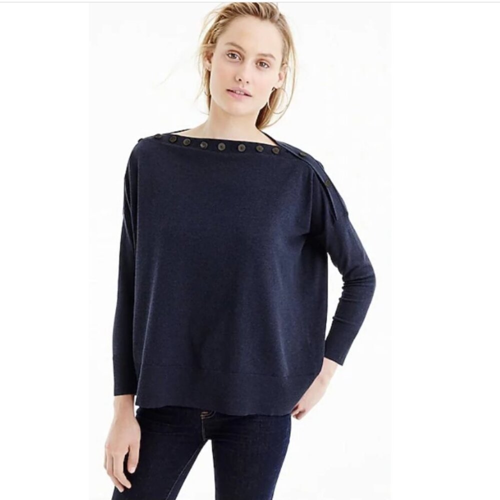 J.Crew Button Boatneck Sweater Oversized Small Medium S/M Navy Blue